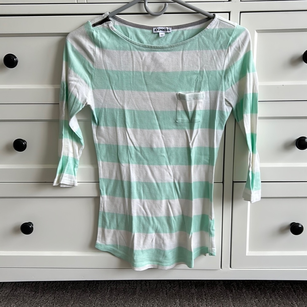 White and mint green stripe 3/4 length sleeve top (size small)